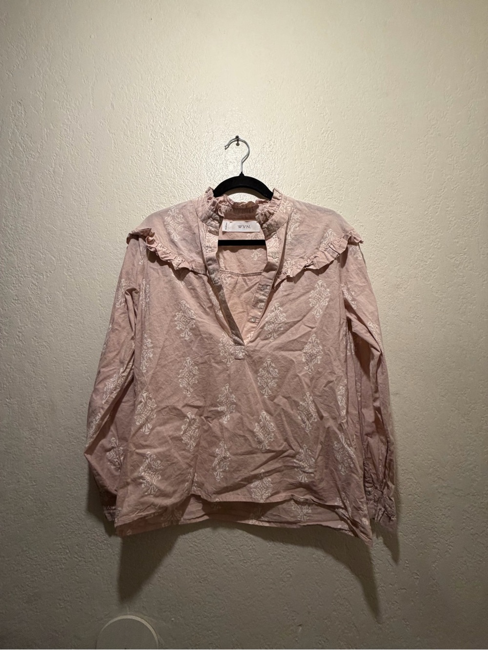 WVN Pink Ruffle Collar Long-Sleeve Blouse Size Medium- 100% Organic Cotton